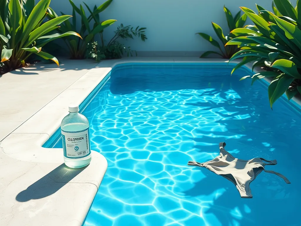 Clear hot tub water with chlorine bottle and swimwear, representing bromine vs chlorine in hot tubs.