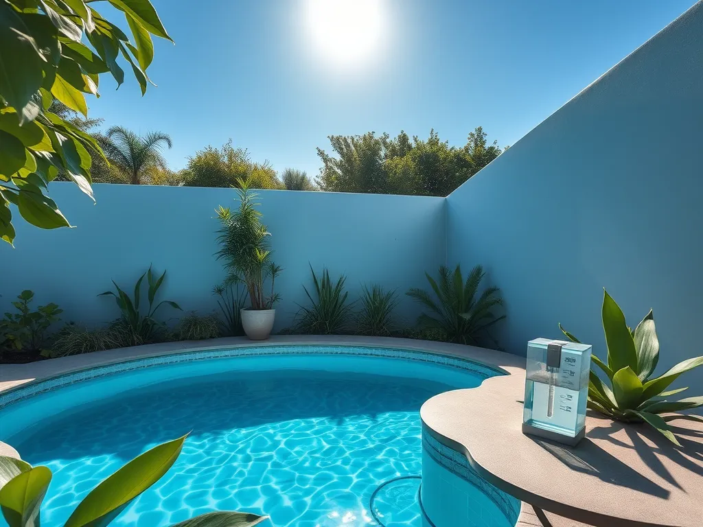 Calcium hypochlorite container beside a clean swimming pool, emphasizing its use in pool sanitation.