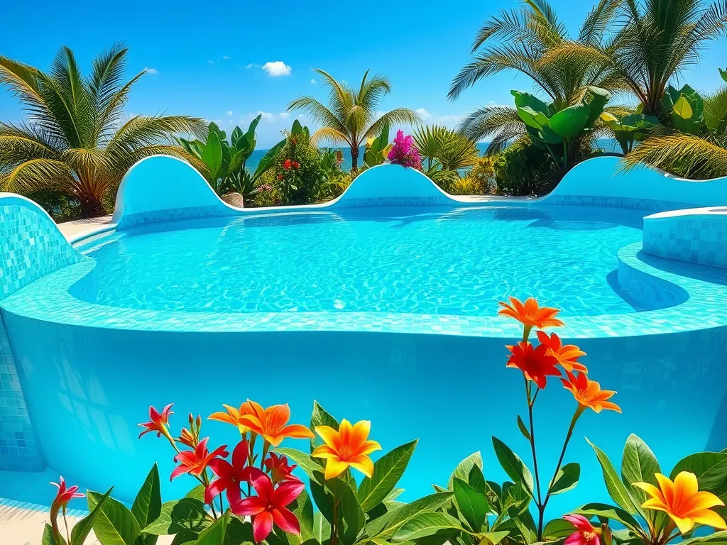 A bright blue swimming pool treated with calcium hypochlorite, surrounded by colorful flowers and palm trees.