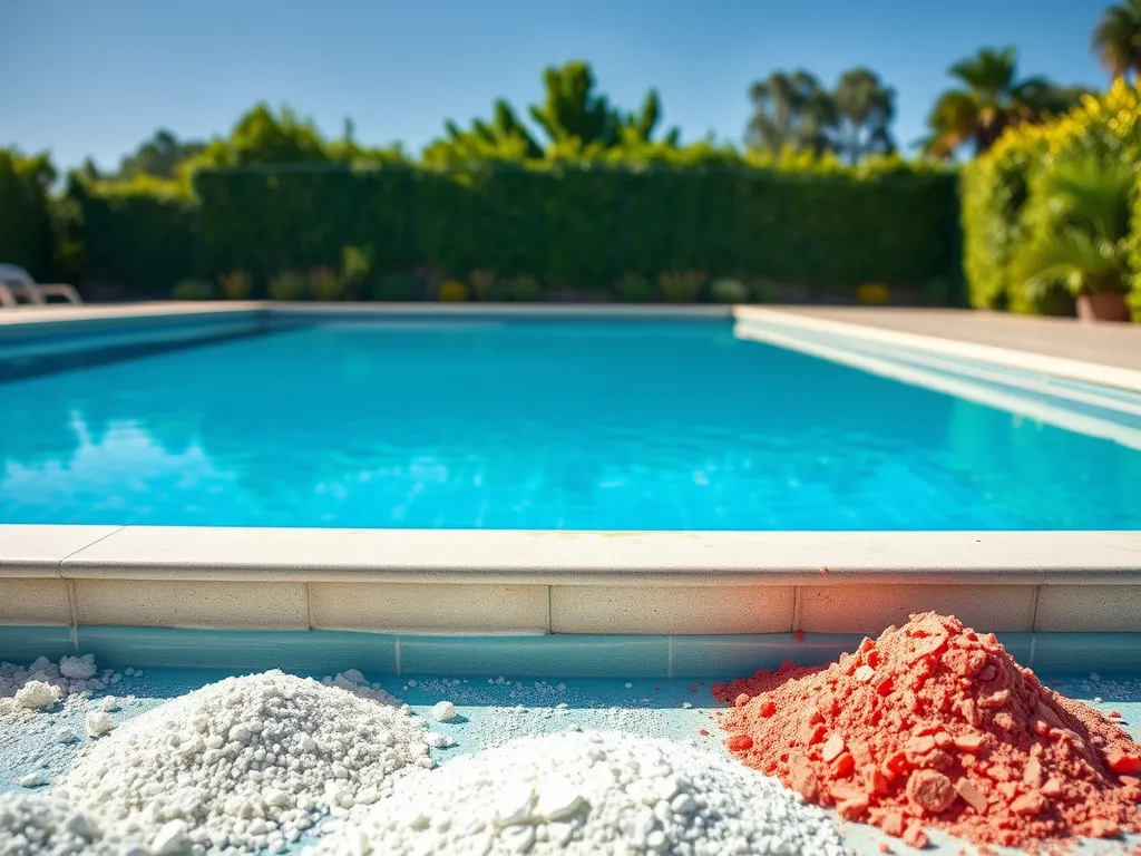 Calcium powders by the poolside, discussing swimming safety after adding calcium to pool water.