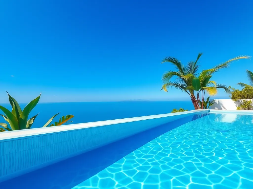 A serene swimming pool under a clear blue sky, illustrating the dangers for cats around water.