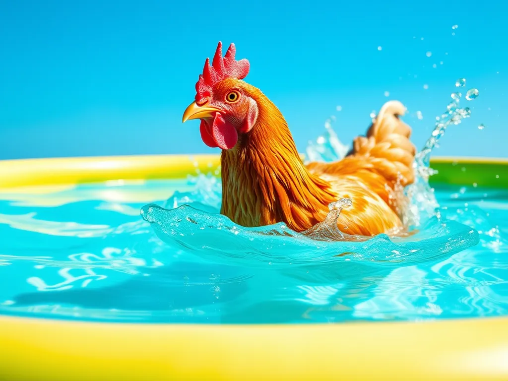 A chicken swimming in a colorful kiddie pool, showcasing how chickens enjoy water.
