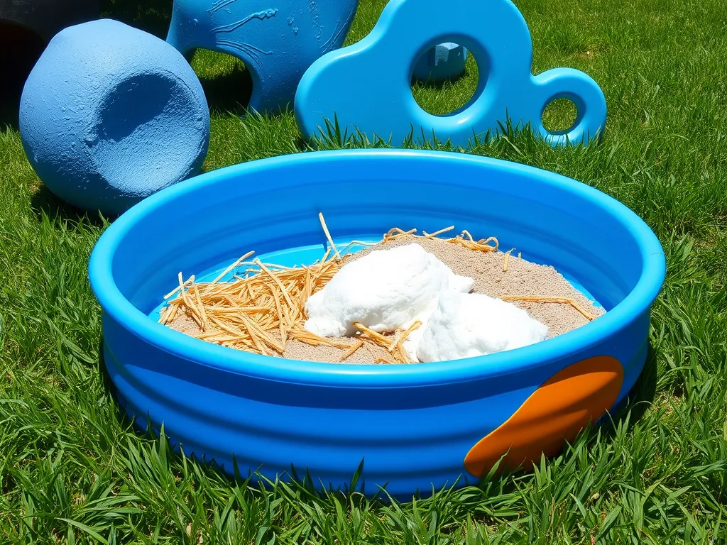 A colorful kiddie pool filled with straw and sand, suitable for chickens.