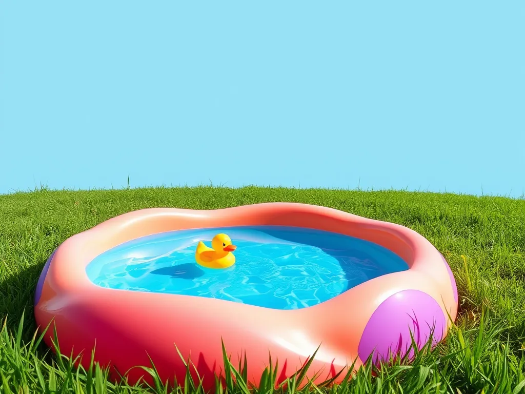 A colorful kiddie pool in grass, illustrating a fun water spot for chickens.
