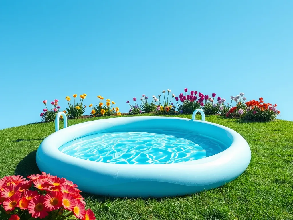 A colorful kiddie pool surrounded by flowers, ideal for chickens to play.