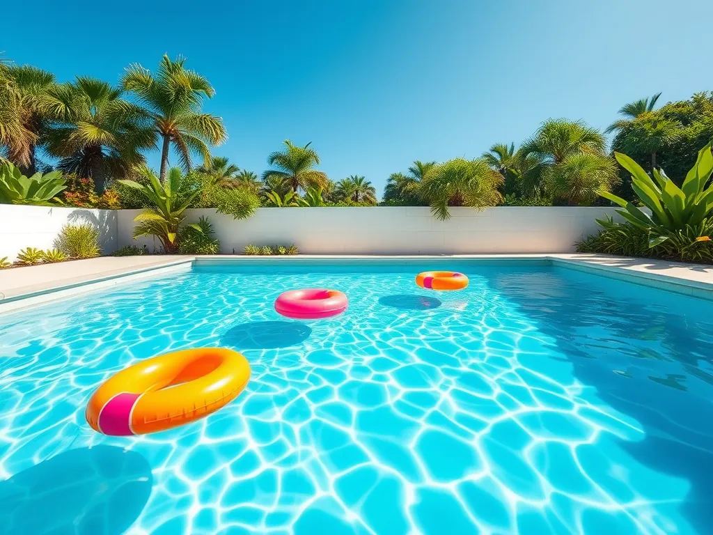 Colorful chlorine floater rings in a sparkling blue pool, demonstrating maintenance for pool water quality.