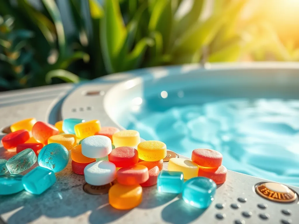Colorful chlorine tablets scattered near a sparkling pool, essential for pool sanitation.