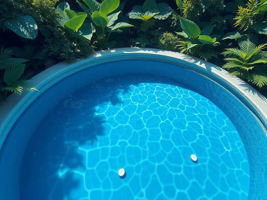 Clear blue water in a pool treated with chlorine tablets for sanitization.