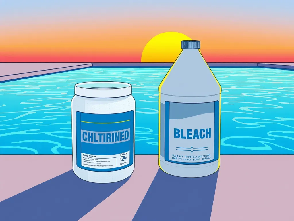 Image showing Clorox bleach and pool chlorine by a swimming pool at sunset.
