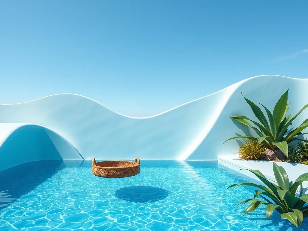 A serene swimming pool with clear blue water and lush greenery, illustrating the quality of Clorox pool chemicals.