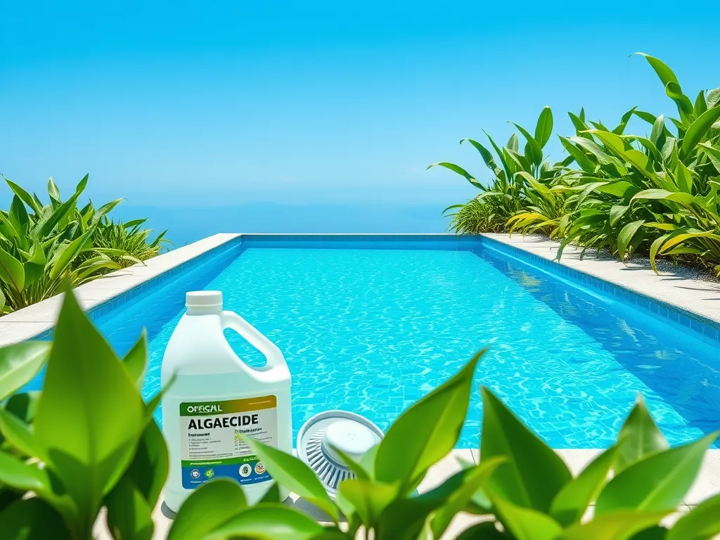 Clorox pool chemicals next to a clean swimming pool demonstrating effective pool maintenance.