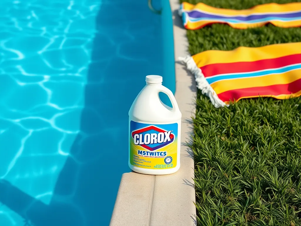 Bottle of Clorox bleach beside a swimming pool, discussing safety of using regular Clorox in a pool.