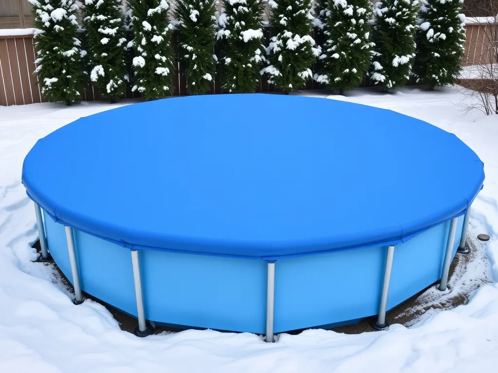 An above ground pool with a blue cover, demonstrating proper winterization technique.