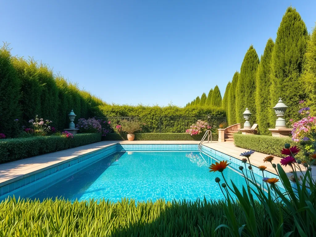 A serene close view of an inground pool surrounded by well-maintained gardens, ideal for relaxation.