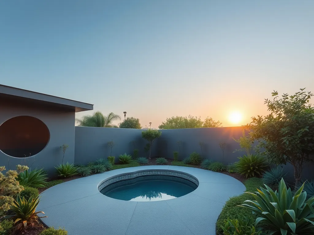A beautiful close inground pool surrounded by greenery at sunset.