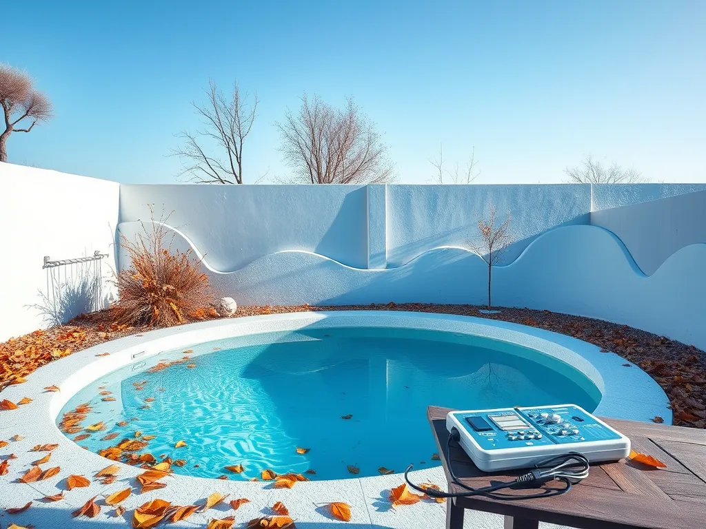 A serene close inground pool surrounded by autumn leaves, emphasizing pool maintenance.