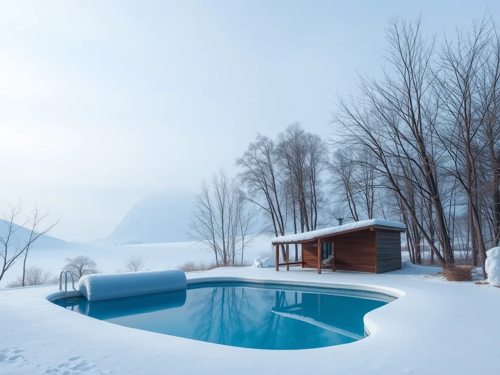 Winterized above ground pool with sand filter and snow-covered surroundings