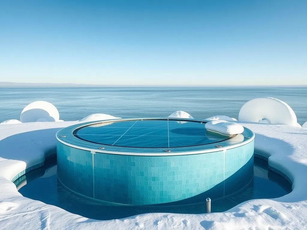 A winter scene of a closed pool, demonstrating how to properly close above ground and inground pools with sand filters.