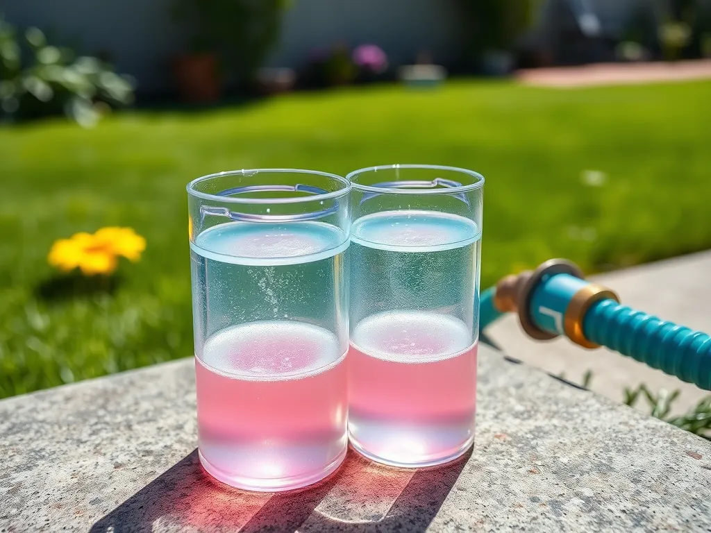 Two transparent glasses with colored water representing saltwater pool maintenance.