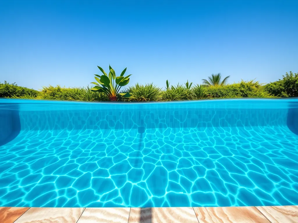 Clear view of pool water reflecting light, illustrating pool tiles for CLR cleaning considerations.