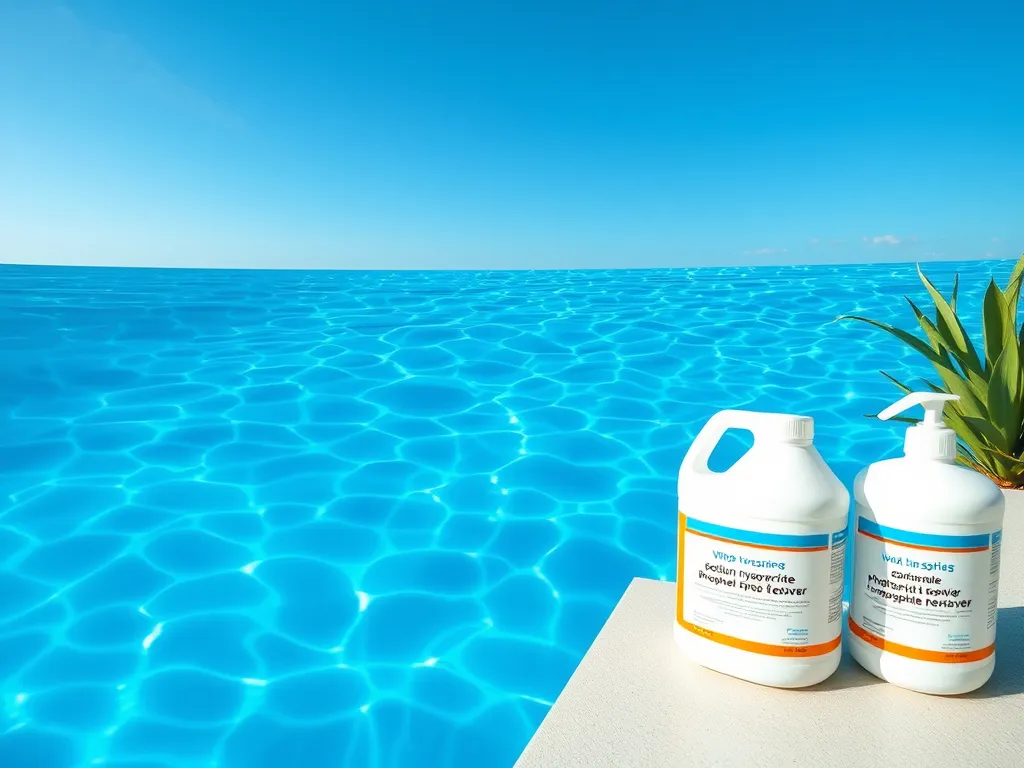 Chemical cleaning supplies next to a sparkling blue commercial swimming pool.