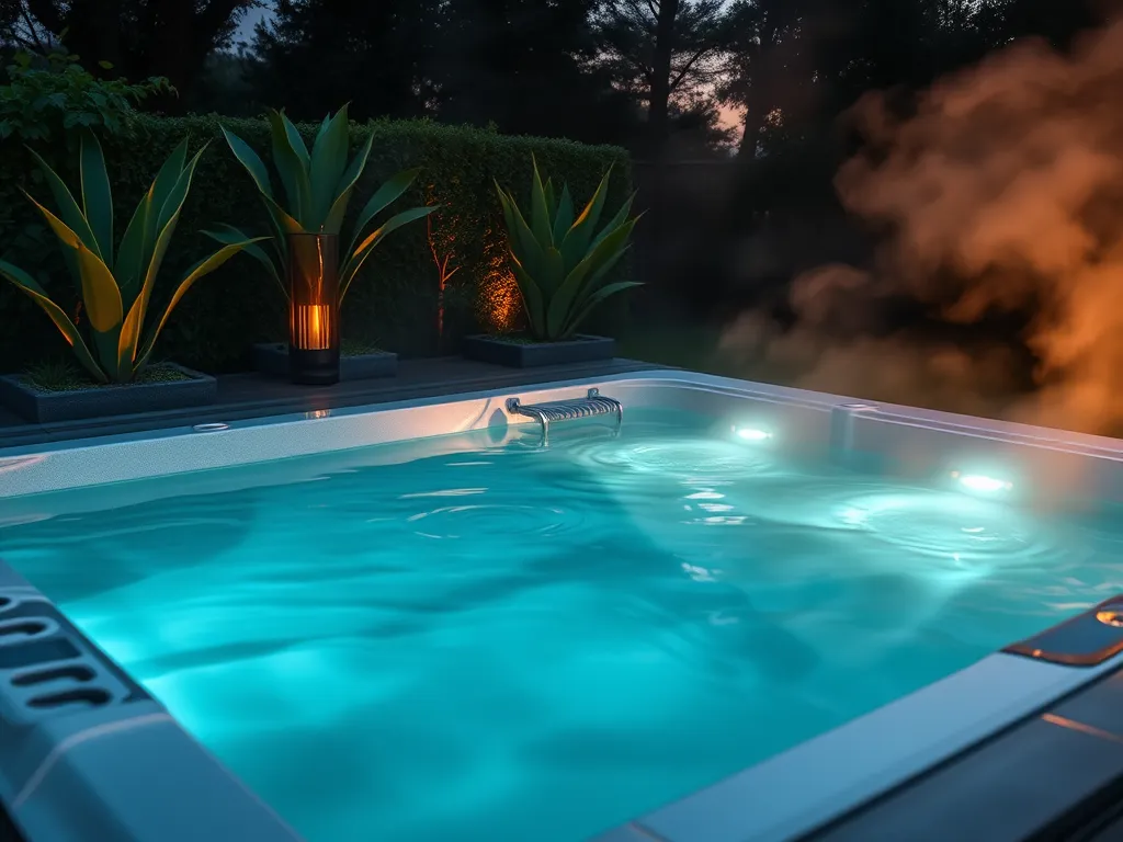 Luxurious commercial swimming pool with illuminated water and plants at night