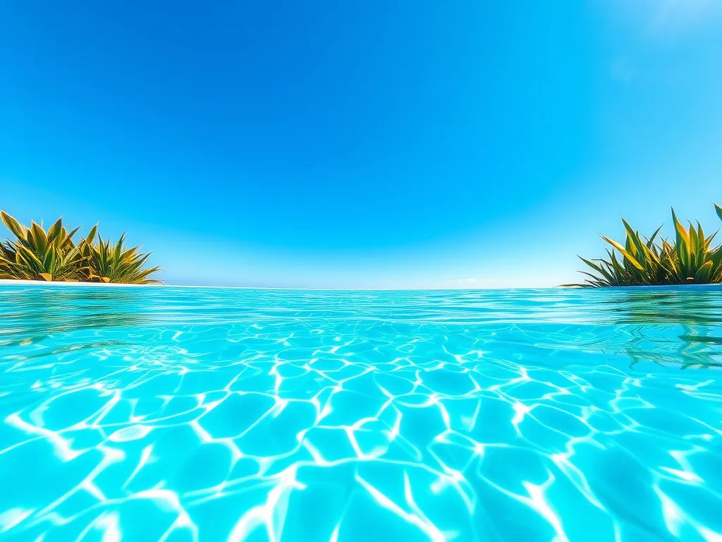Crystal clear water of a commercial recreational pool under a bright blue sky.