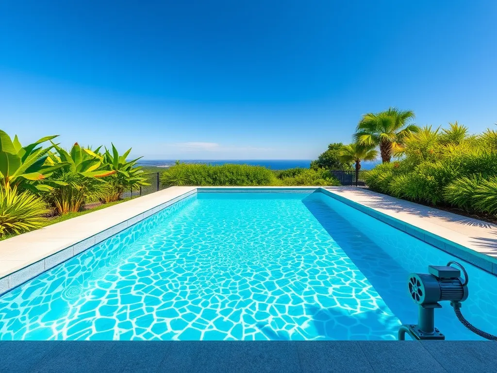 A stunning competition pool showcasing crystal clear water and lush greenery, perfect for competitive swimming.