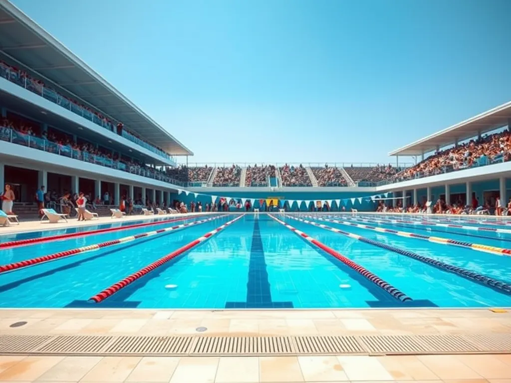A vibrant competition pool showcasing lanes and seating for spectators.
