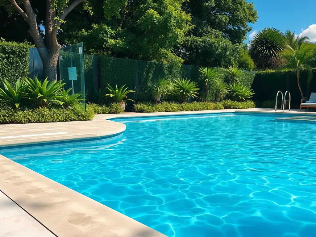 Beautiful concrete pool surrounded by lush greenery, illustrating elements for a concrete pool cost calculator.