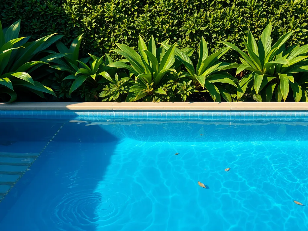 Clear water in a concrete pool surrounded by greenery, highlighting potential issues of pool popping out of the ground.