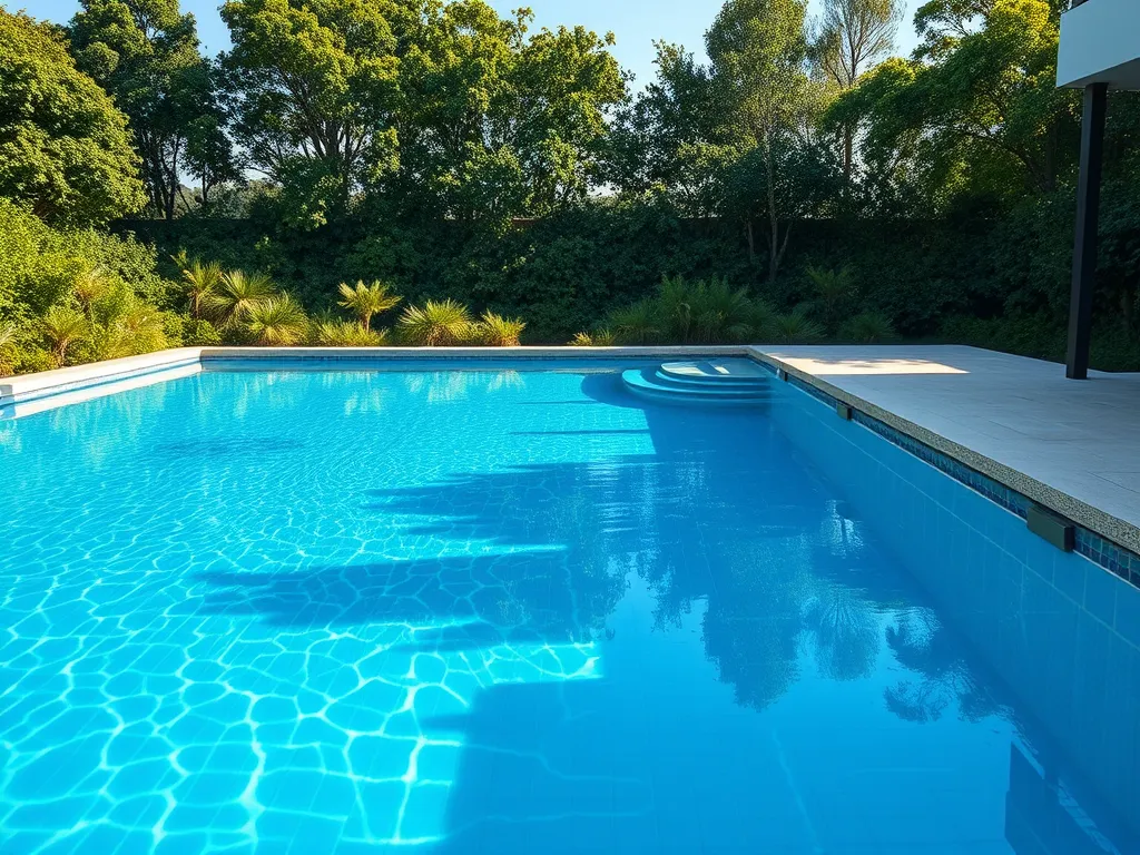 A beautifully designed modern smart pool with crystal clear water and lush greenery.