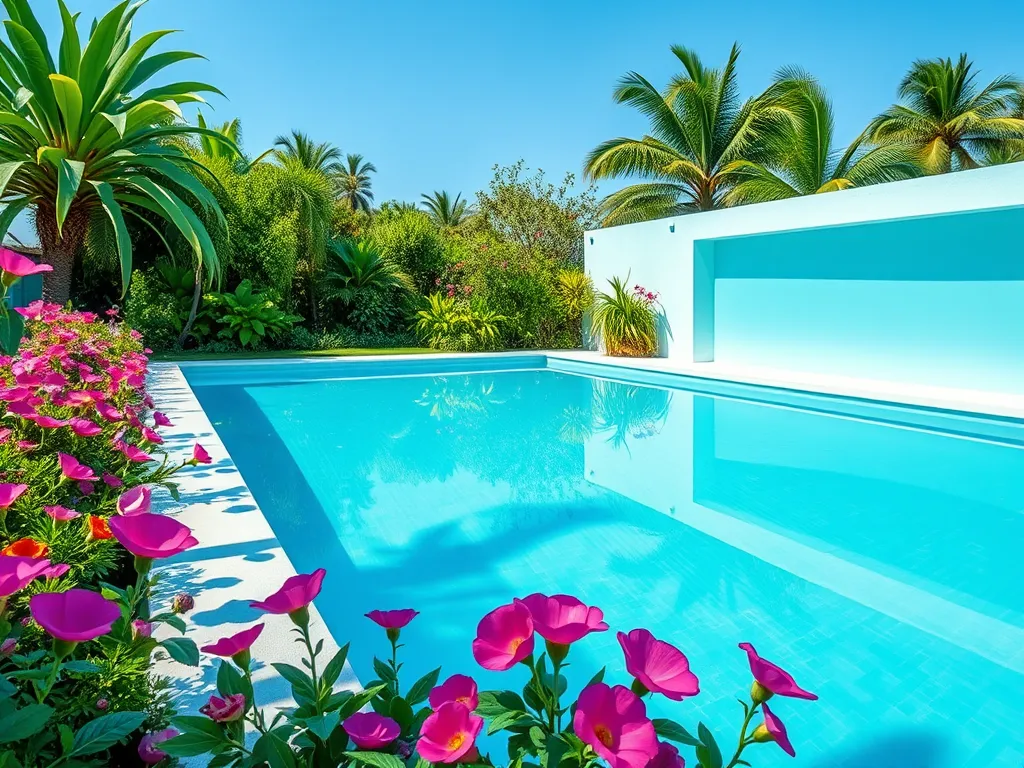 Beautiful connected modern smart pool surrounded by vibrant flowers and palm trees