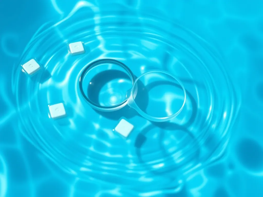 Water surface with contact lenses and pool cubes, highlighting concerns about swimming with contacts.