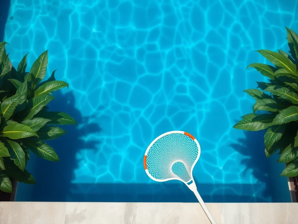 A clean swimming pool with a pool skimmer, highlighting the benefits of copper pipes in preventing algae growth.