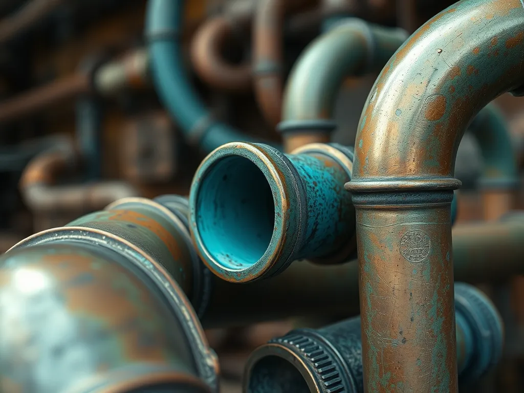 Close-up of corroded copper pipes, highlighting potential issues related to high copper levels in swimming pools.