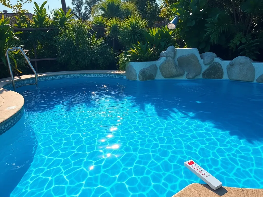 Pool with clear blue water and surrounding greenery, illustrating the effects of copper piping on pool water chemistry and algae growth