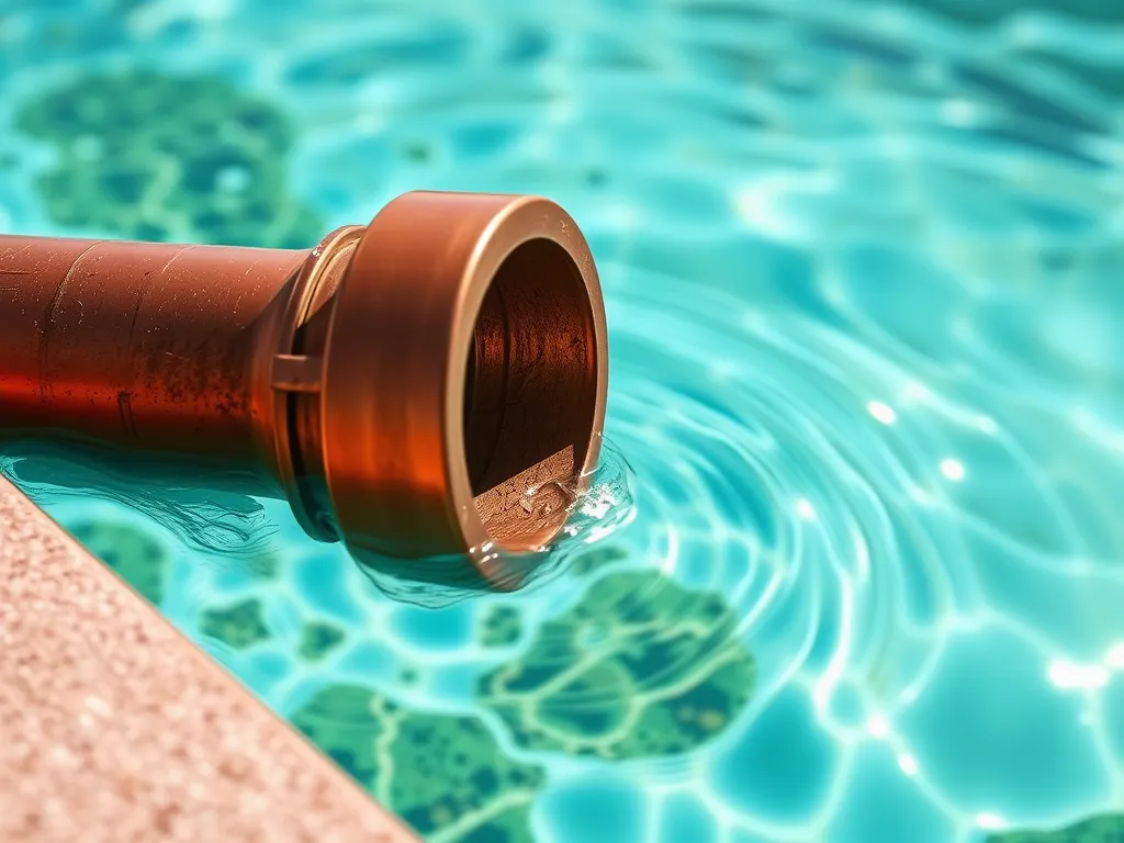 Close-up of copper piping near pool water, highlighting effects on pool water chemistry and algae growth.