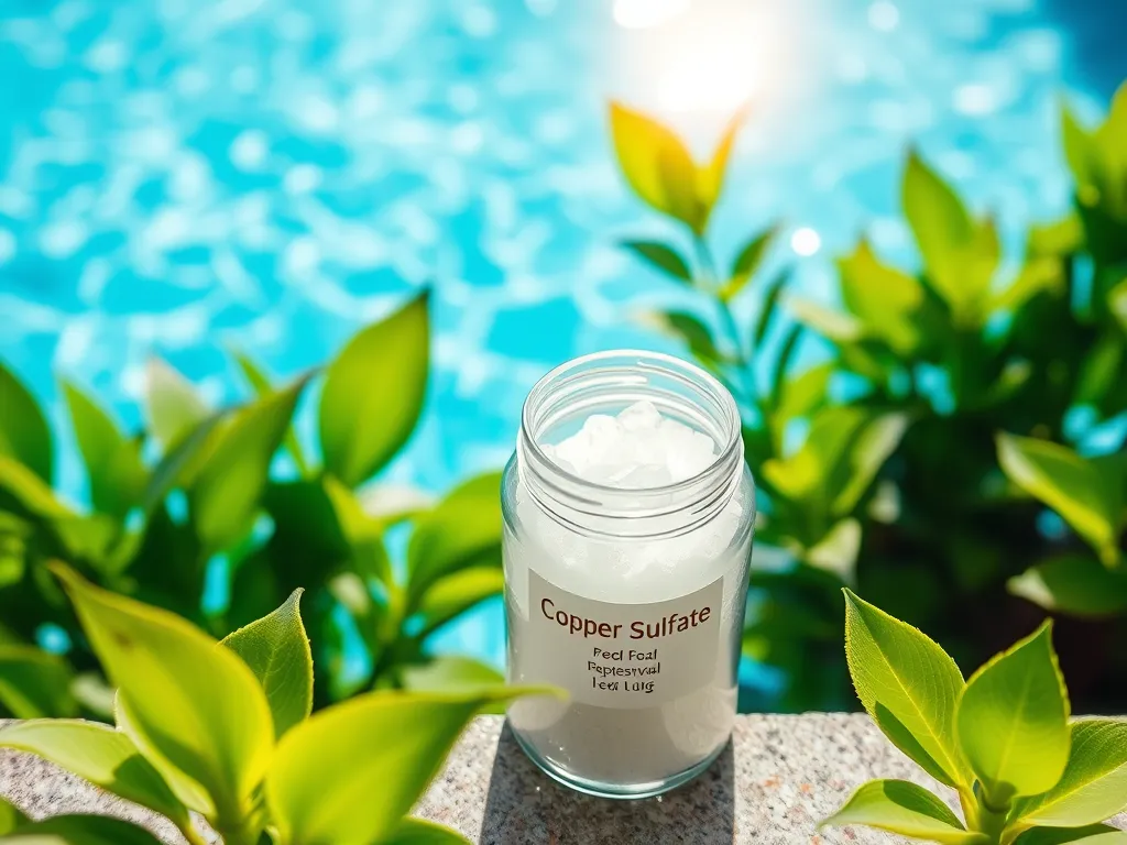 Container of copper sulfate beside a swimming pool for proper pool treatment dosage.
