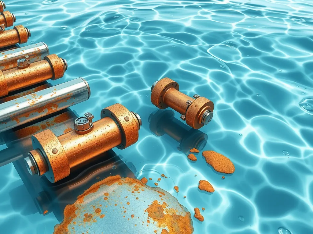 Corroded metal pipes in water, highlighting the importance of corrosion protection.