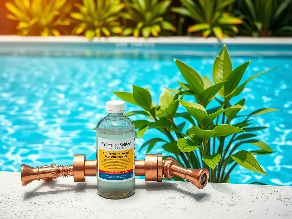 Bottle of corrosion protection solution displayed next to plumbing fittings and a plant by the pool.