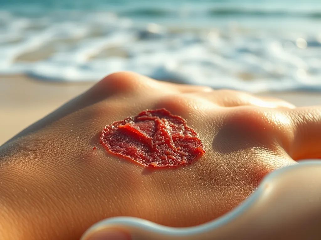 A close-up of a hand with a cut resting on a beach, highlighting concerns about swimming with an open wound.
