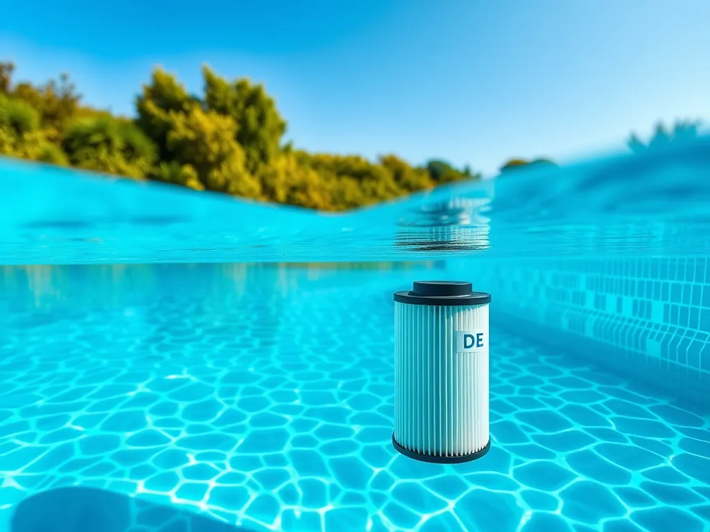 DE pool filter cartridge submerged in clear blue water