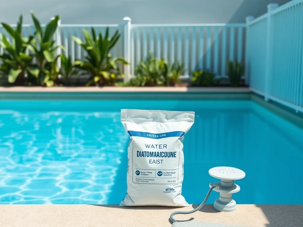 Diatomaceous earth pool filter media bag beside an inground pool