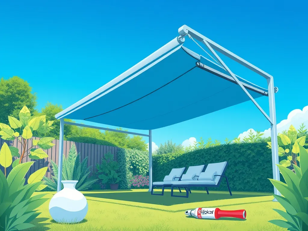 A DIY pool enclosure kit featuring a shaded lounging area with chairs and plants, perfect for poolside relaxation.