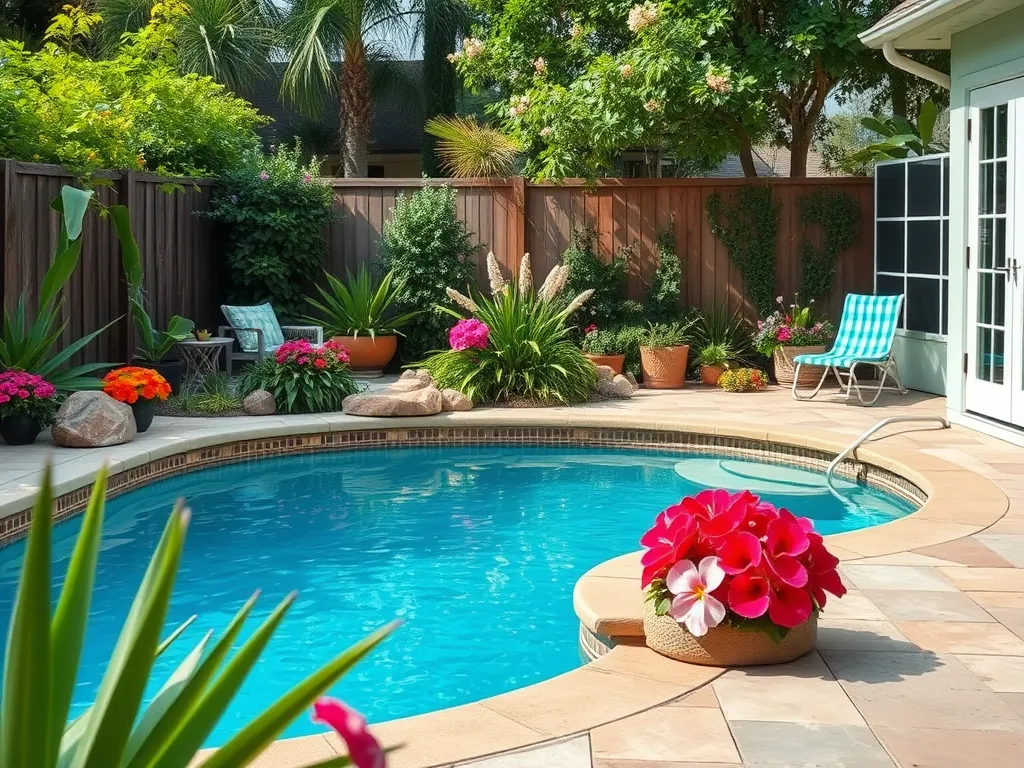 Stunning DIY pool landscaping featuring lush plants, colorful flowers, and a refreshing pool