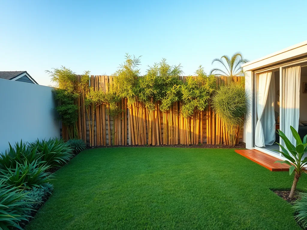 Beautiful DIY pool landscaping with lush grass and wooden fence.