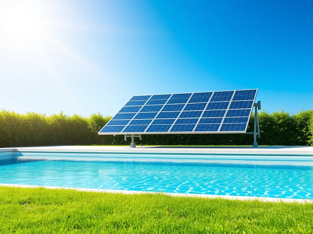 A solar panel beside a swimming pool used for heating water sustainably with solar power.
