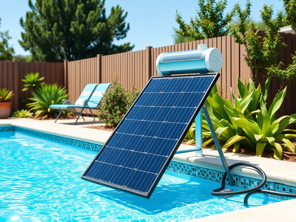 A solar panel setup for pool heating near a clear pool, showcasing a DIY solar pool heater.