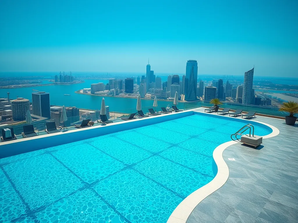 A pristine swimming pool overlooking a city skyline, highlighting the concept of sweating in pools.